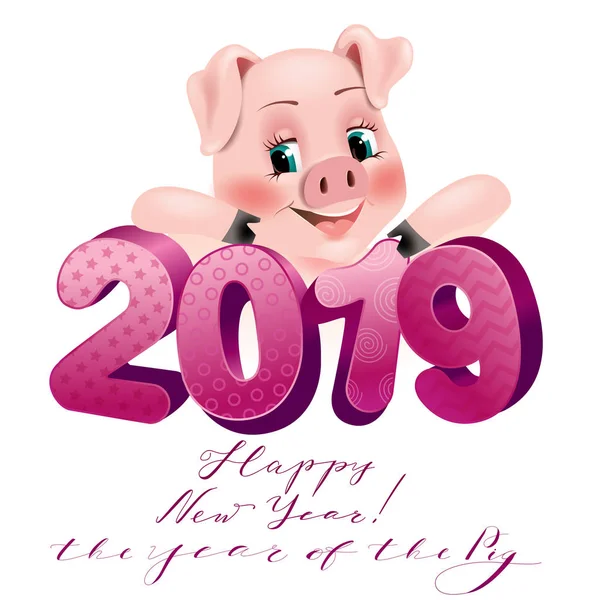 Счастливой Новогодней Открытки 2019 Года Свиньей Поздравление Новым Годом Праздничные — стоковый вектор
