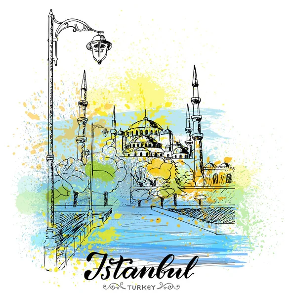 Hand Drawn Sketch New Mosque Istanbul Turkey Vector Watercolor Style — Stock Vector