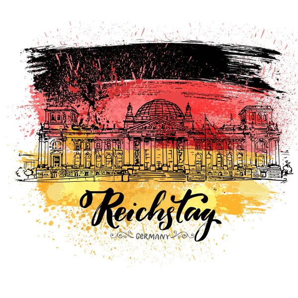 Ruční Tažené Skica Reichstagu Berlín Německo Vektor Vlajkou Akvarel Styl — Stockový vektor