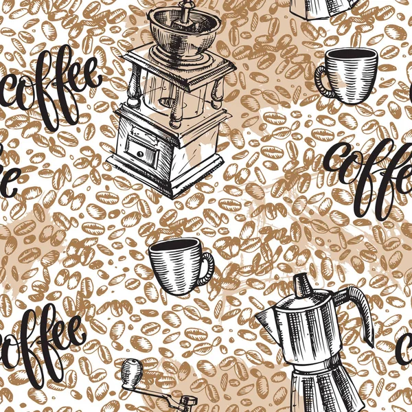Fondo Café Sin Costuras Con Granos Dibujados Mano — Vector de stock