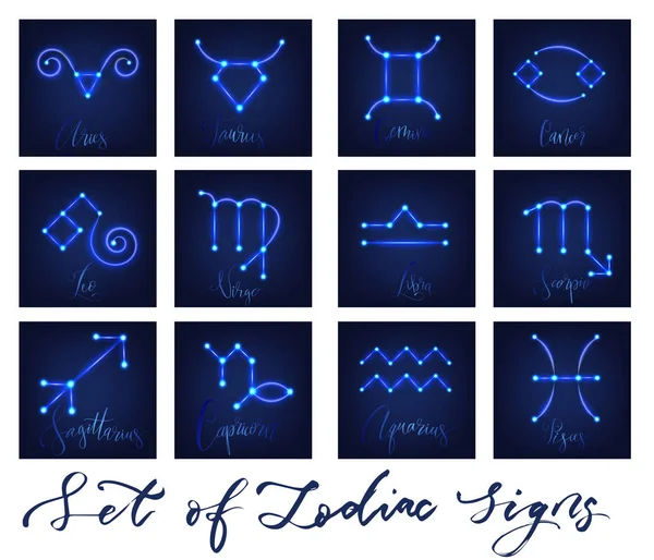 Zodiac Signs Neon Glowing Style Vector Illustration — Stock Vector