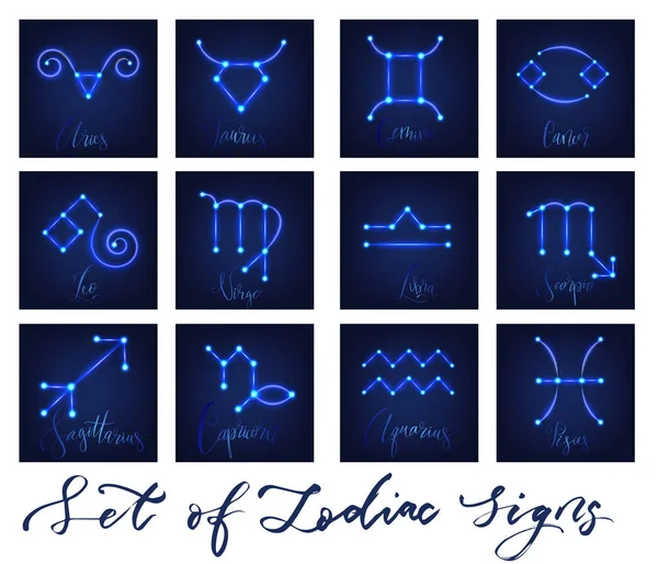 Signos Del Zodíaco Neón Brillante Estilo Vector Ilustración — Vector de stock