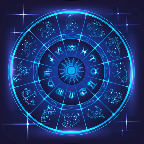 占星圈 在深蓝色背景下 在霓虹发光的霓虹灯上用抽象的黄道带标记圆圈 矢量插图 — 图库矢量图片