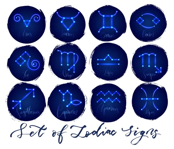 Segni zodiacali in stile neon incandescente — Vettoriale Stock