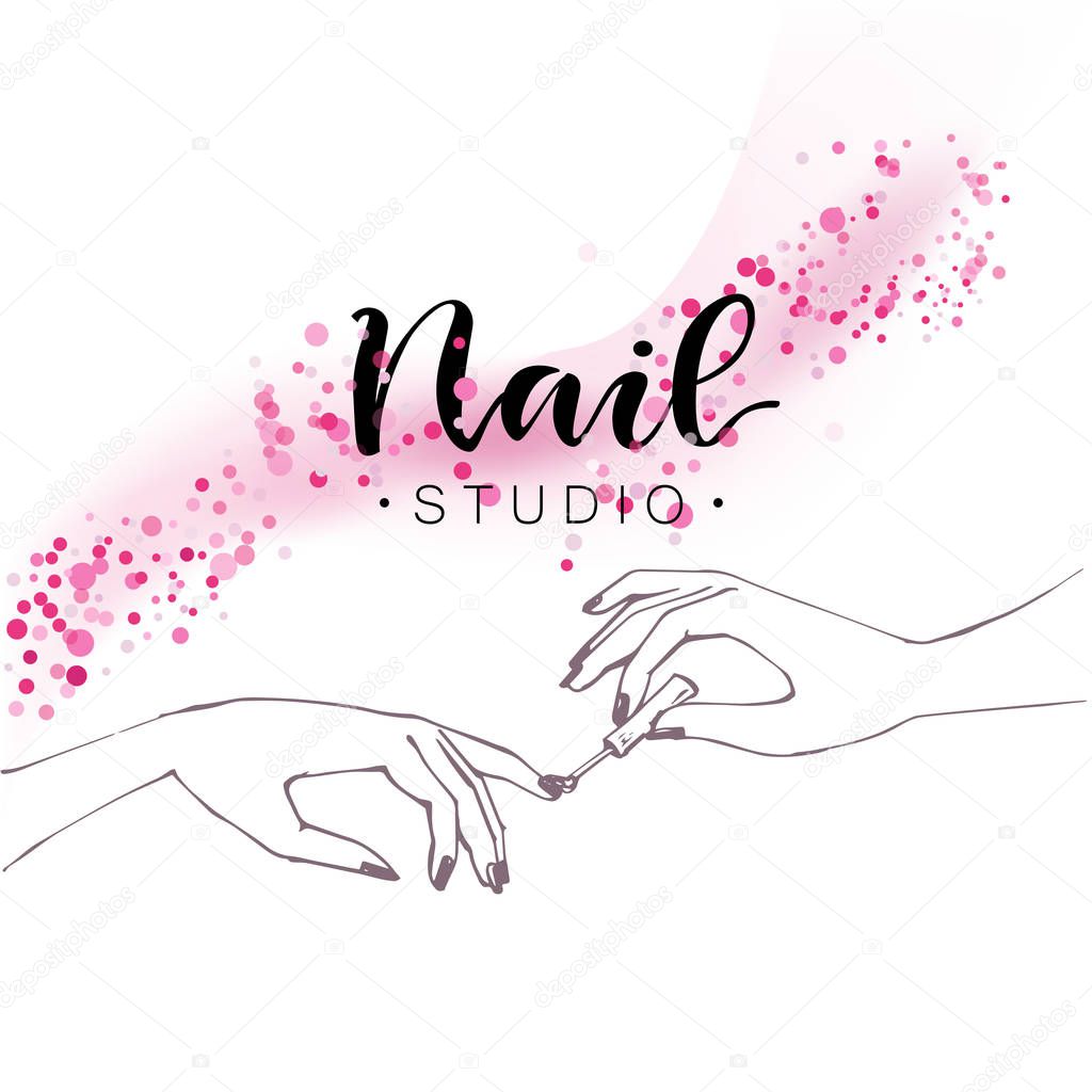 Beautiful manicure, illustration for Beauty salon, brochure or logo. Used modern hand drawn lettering and silhouette of woman hands