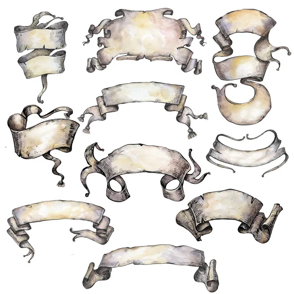 빈티지 수채화 리본 세트 — 스톡 사진