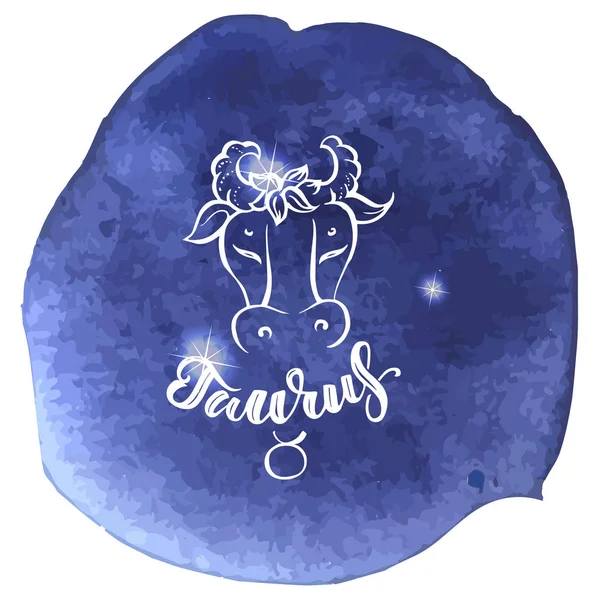 Signo de astrología sobre fondo azul acuarela con letras modernas — Archivo Imágenes Vectoriales
