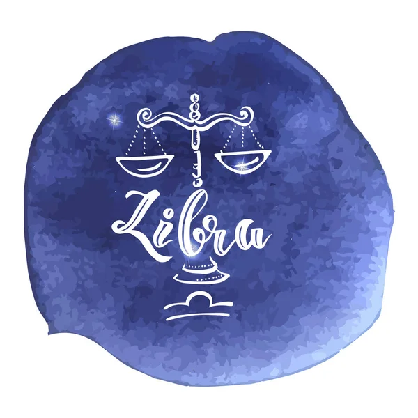 Segno astrologia su sfondo acquerello blu con letteri moderni — Vettoriale Stock