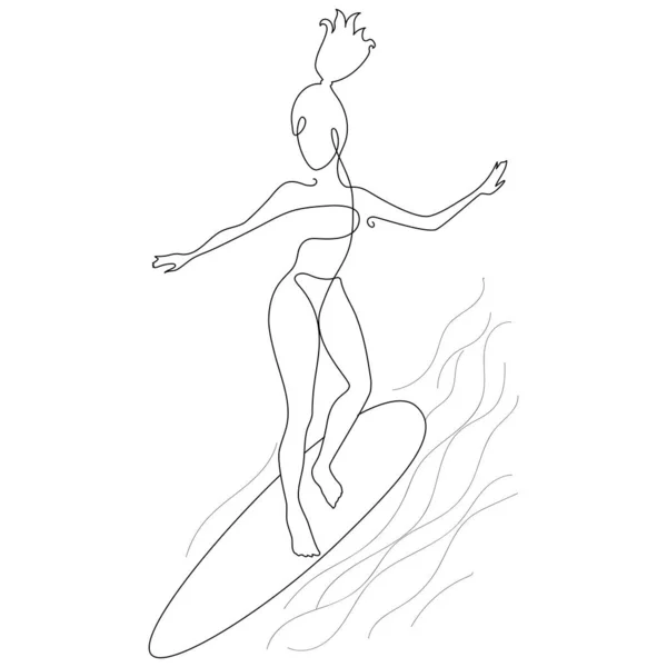 Modern line art style drawing of Surfing girl — Stock Vector