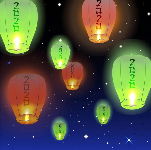 Biglietto di auguri felice anno nuovo 2019 con lanterne volanti — Vettoriale Stock