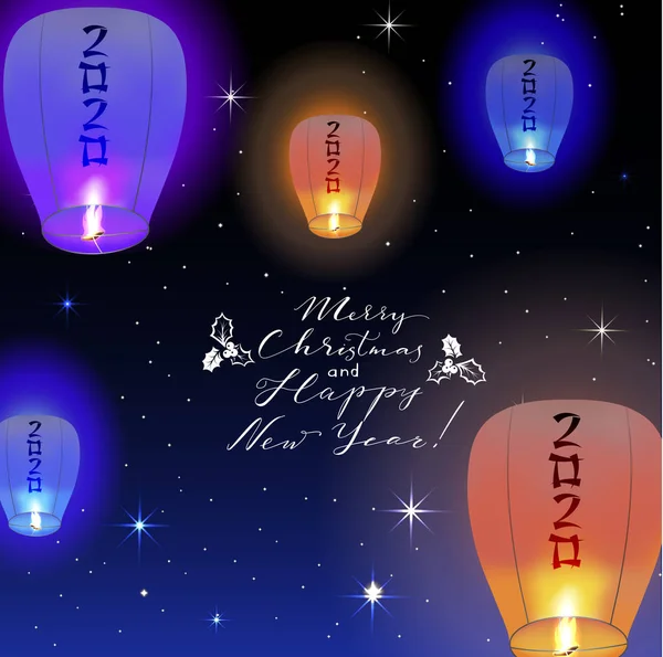 Cartão de Ano Novo feliz 2019 cartão de saudação com lanternas voadoras —  Vetores de Stock