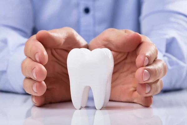 Diente Blanco Higiénico Sano Protección Mano Del Hombre Tabla Reflectante —  Fotos de Stock