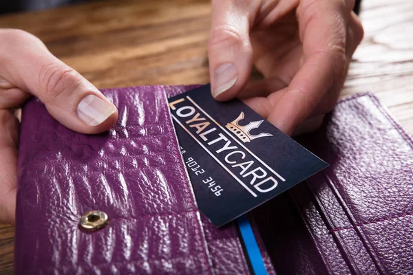 Close Businessperson Hand Removing Loyalty Card Purse — Stock Photo, Image