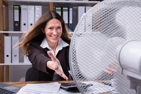 Glückliche Reife Geschäftsfrau Die Sich Arbeitsplatz Mit Einem Elektroventilator Abkühlt — Stockfoto