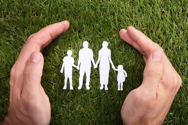 Повышенный Вид Человеческой Руки Защищающей Семейную Бумагу Вырезанную Зеленой Траве — стоковое фото