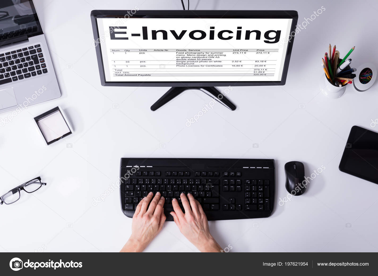 high angle view businessperson hand preparing invoicing bill