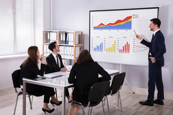 Joven Empresario Explicando Gráficos Sus Colegas Sobre Proyector —  Fotos de Stock