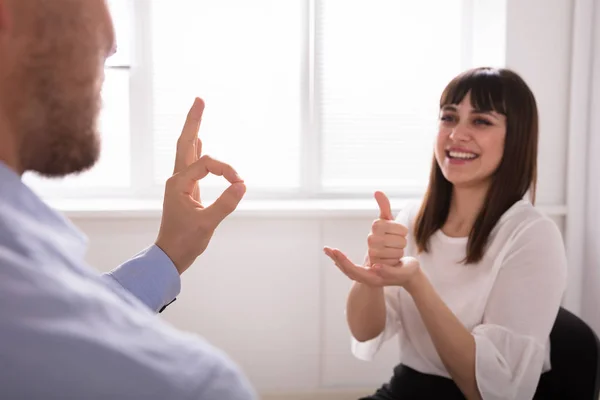 Smiling Young Woman Man Talking Sign Language White Background — Stock Photo, Image