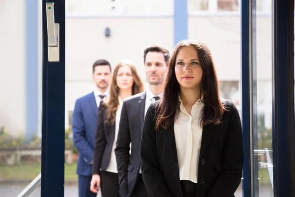 Portrait Young Businesswoman Standing Doorway — Stock Photo, Image