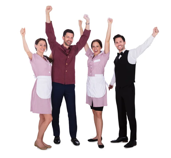 Happy Young Staff Raising Arms White Background — Stock Photo, Image