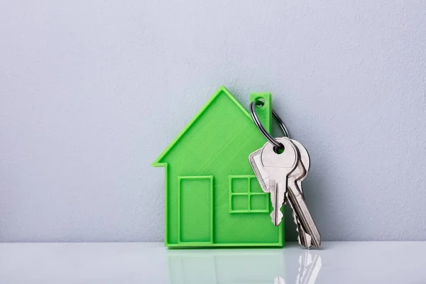 Close Green House Keychain White Wall — Stock Photo, Image