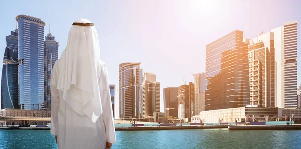 Rear View Arabic Man Standing Front Dubai Business Bay — Stock Photo, Image