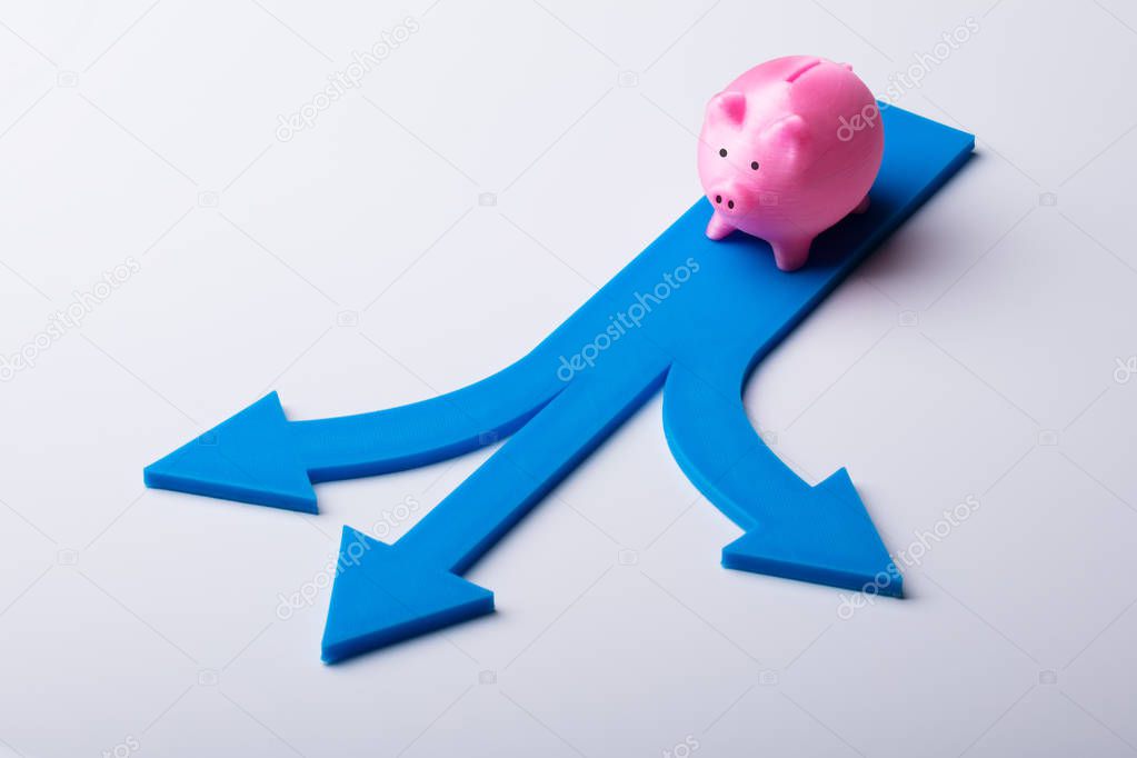 Elevated View Of Pink Piggybank And Blue Arrow Signs Showing Various Direction