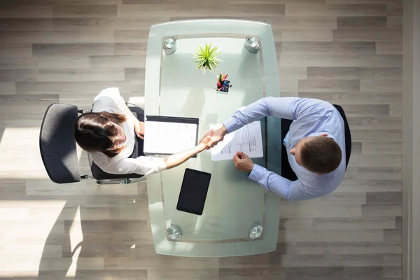 Elevated View Businessman Shaking Hand Female Applicant Workplace — Stock Photo, Image