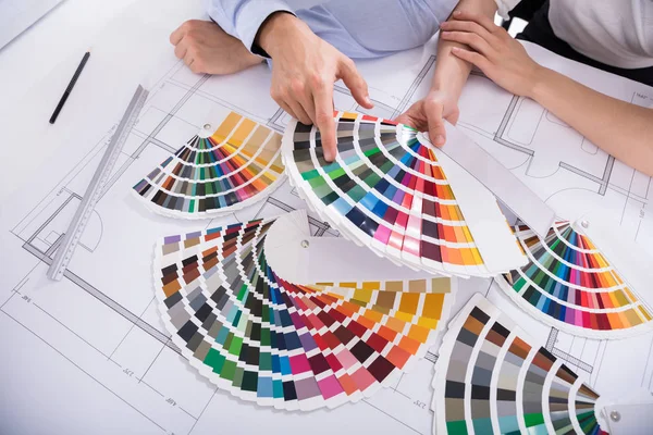 Close Two Architect Hand Choosing Color Various Colorful Swatches While — Stock Photo, Image
