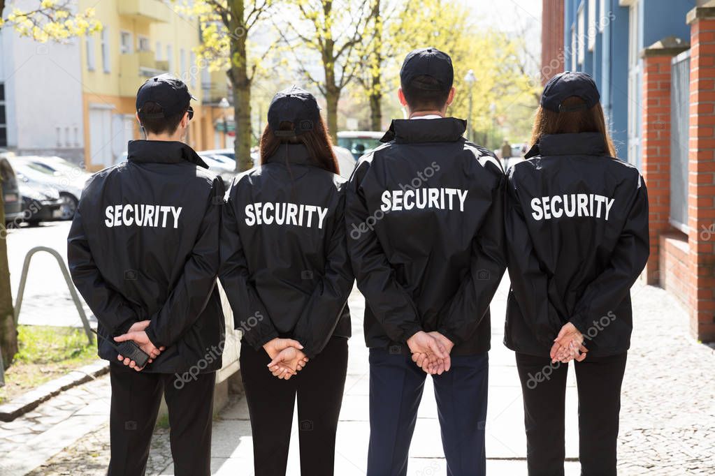 Rear View Of Security Guards With Hands Behind Back Standing In A Row