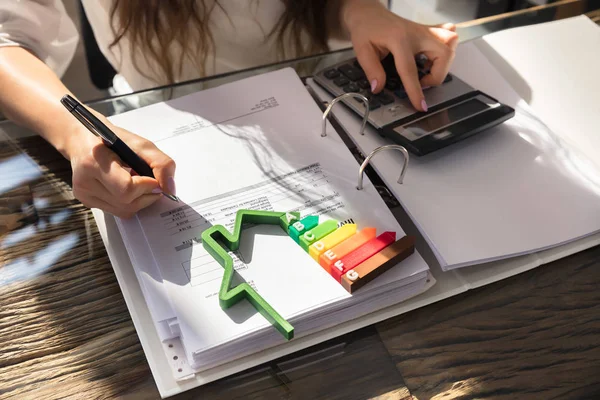 Woman Calculating Invoice Energy Efficient Chart House Silhouette Office — Stock Photo, Image