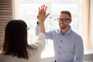 Mutlu genç işadamı meslektaşı Office için yüksek beş veren