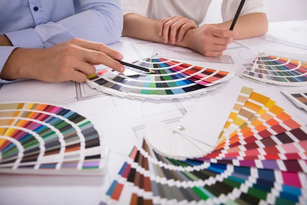 Two Architect Hand Choosing Color Various Colorful Swatches Blueprint — Stock Photo, Image