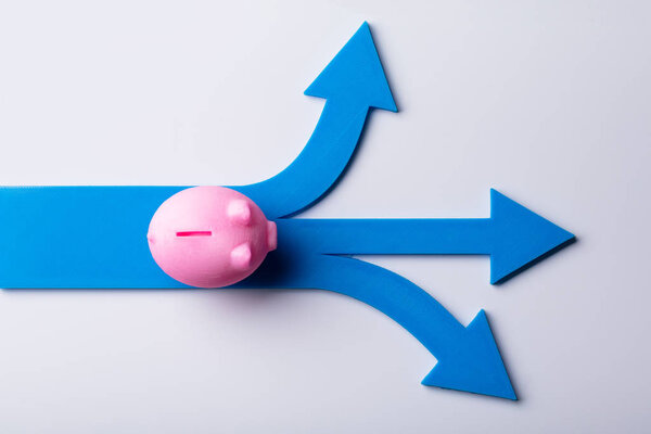 Повышенный вид на Pink Piggybank и голубые стрелки признаки, показывающие различные направления
