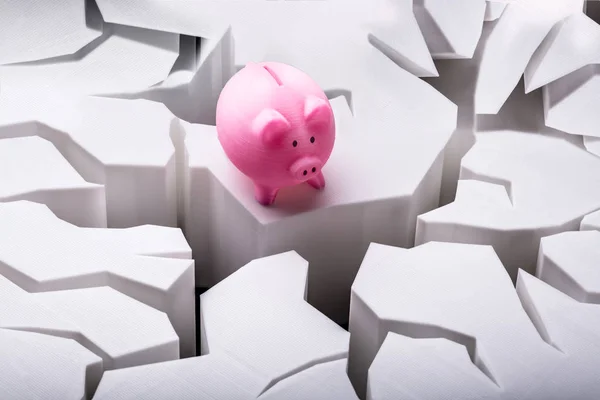 Elevated View Pink Piggybank Cracked White Surface — Stock Photo, Image