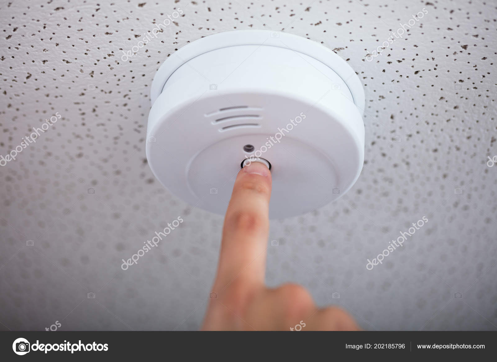 Human Finger Testing Smoke Detector Mounted Ceiling Stock