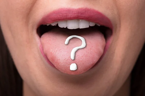Close Woman Tongue White Question Mark Sign — Stock Photo, Image