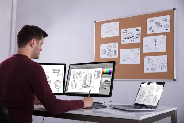 Side View Designer Drawing Suitcase Computer Using Graphic Tablet Office — стоковое фото