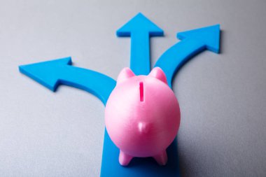 Pembe servet ve çeşitli Yön gösteren mavi ok işaretleri yükseltilmiş görünümü