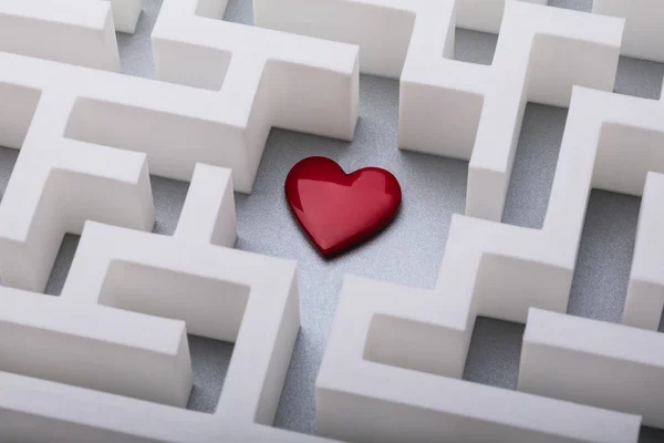 Elevated View Of Red Heart In The Centre Of White Labyrinth