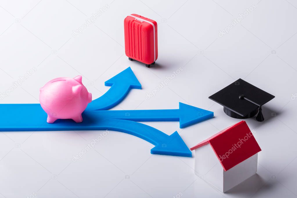 Pink Piggybank On Blue Arrows Showing Various Choices Over White Background