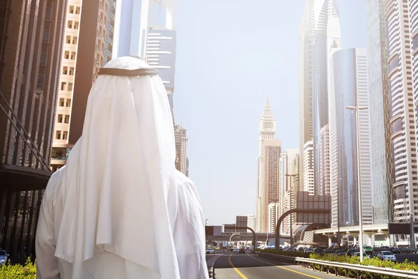 Rear View Arabic Man Standing Front Dubai Cityscape — Stock Photo, Image