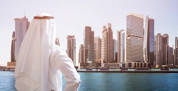 Rear View Arabic Man Standing Front Dubai Business Bay — Stock Photo, Image