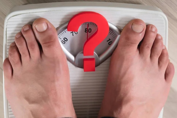 Person Feet Standing Weight Scale Red Question Mark Sign — Stock Photo, Image
