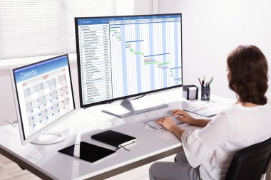 Genç işkadını Gantt grafiği Office bilgisayarda analiz