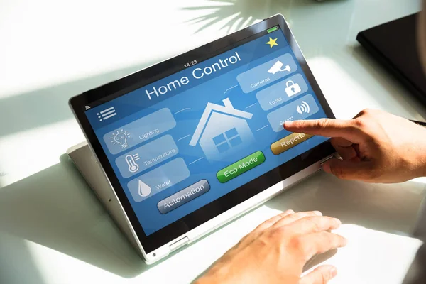 Close Person Hand Using Home Control System Laptop — Stock Photo, Image