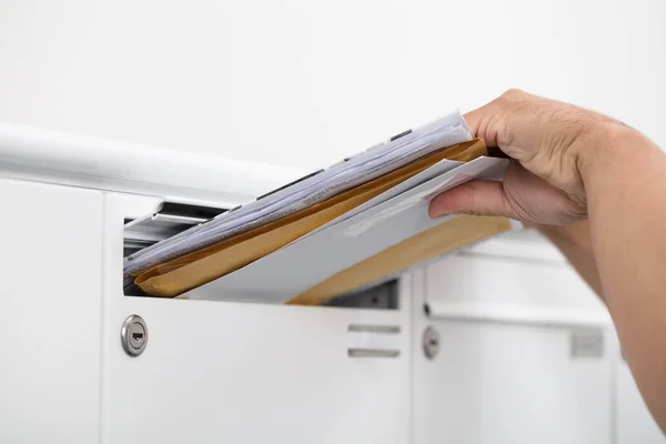 Close Man Hand Inserting Letters Mailbox — Stock Photo, Image