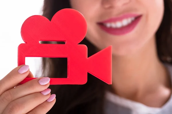 Photo Businesswoman Hand Holding Red Movie Camera — Stock Photo, Image