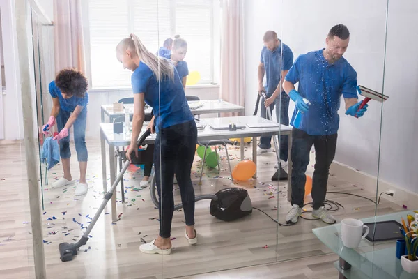 Group Young Janitors Cleaning Office Cleaning Equipment Party — Stock Photo, Image