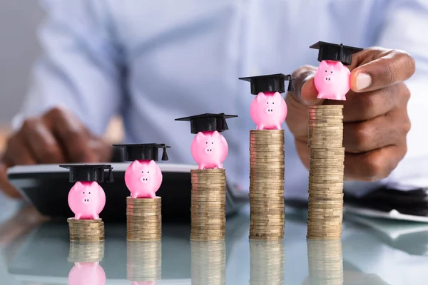 Close Business Person Placing Piggybank Graduation Cap Stacked Coins — Stok Foto